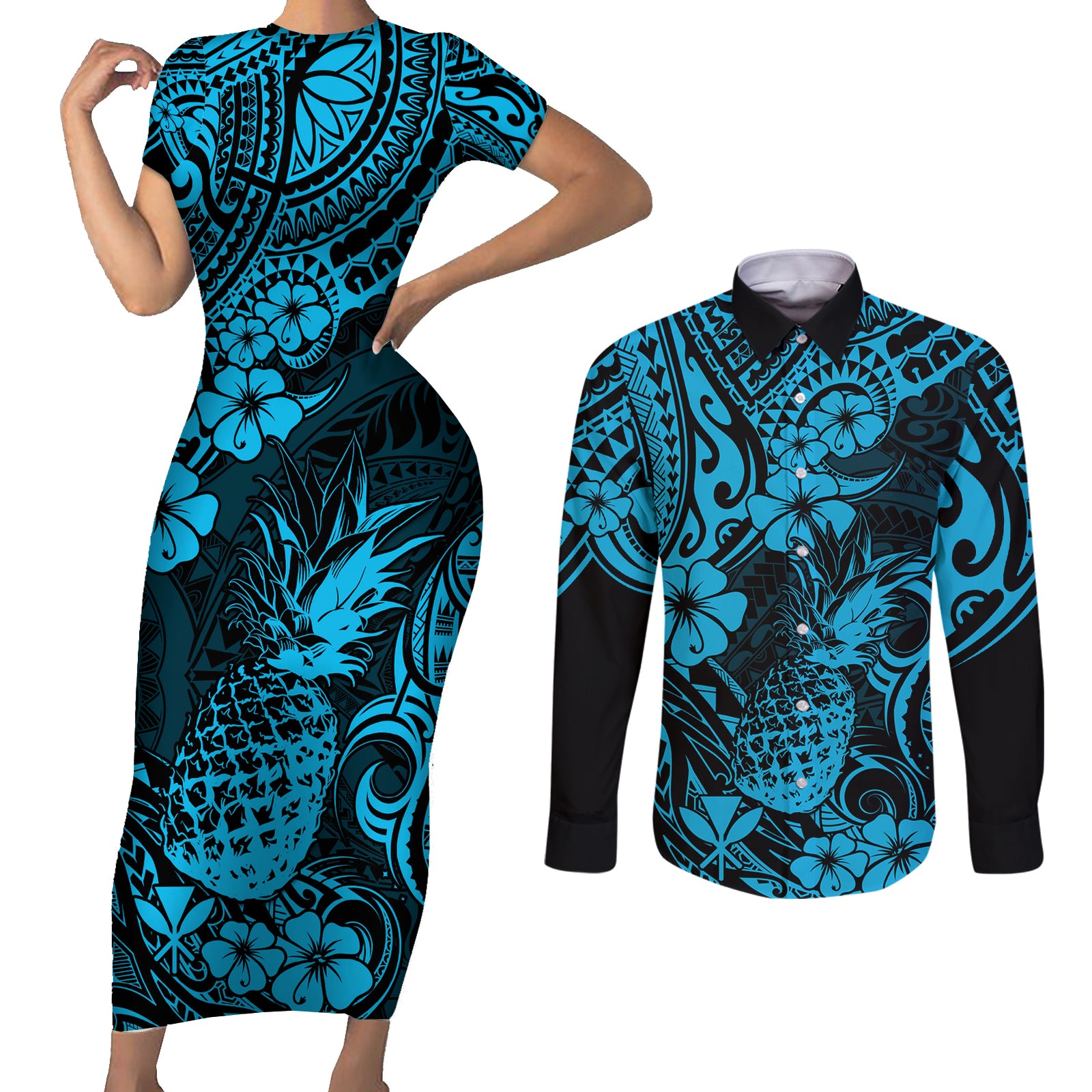Hawaii Pineapple Couples Matching Short Sleeve Bodycon Dress and Long Sleeve Button Shirts Polynesian Pattern Sky Blue Version LT01 Blue - Polynesian Pride