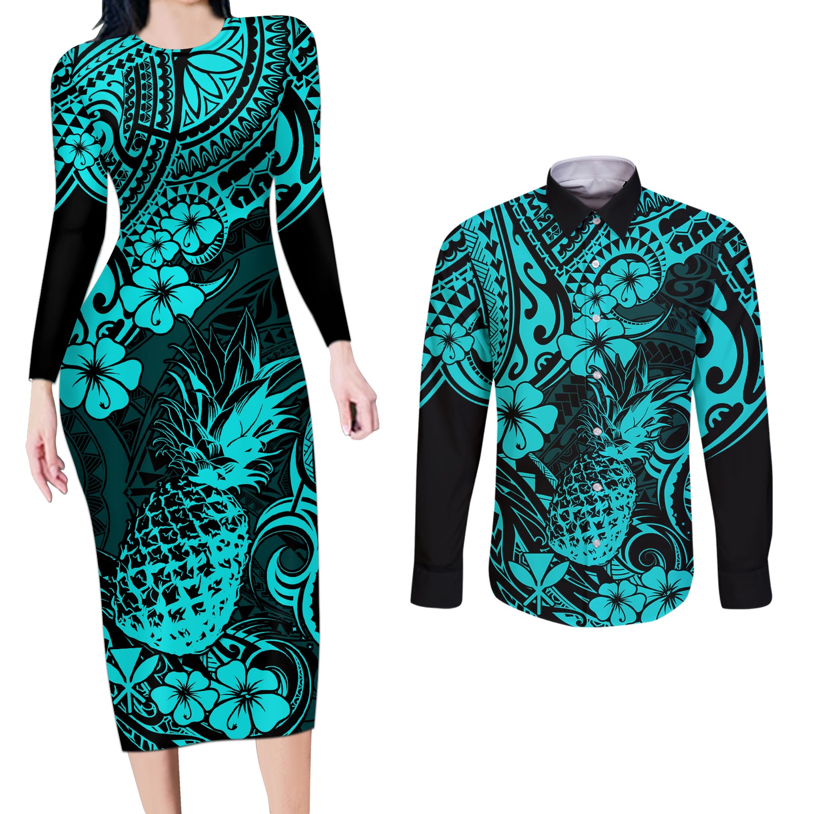 Hawaii Pineapple Couples Matching Long Sleeve Bodycon Dress and Long Sleeve Button Shirts Polynesian Pattern Turquoise Version LT01 Turquoise - Polynesian Pride