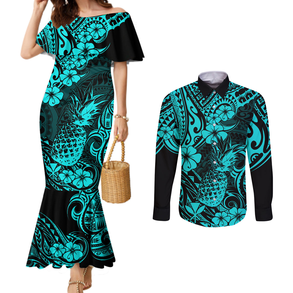 Hawaii Pineapple Couples Matching Mermaid Dress and Long Sleeve Button Shirts Polynesian Pattern Turquoise Version LT01 Turquoise - Polynesian Pride