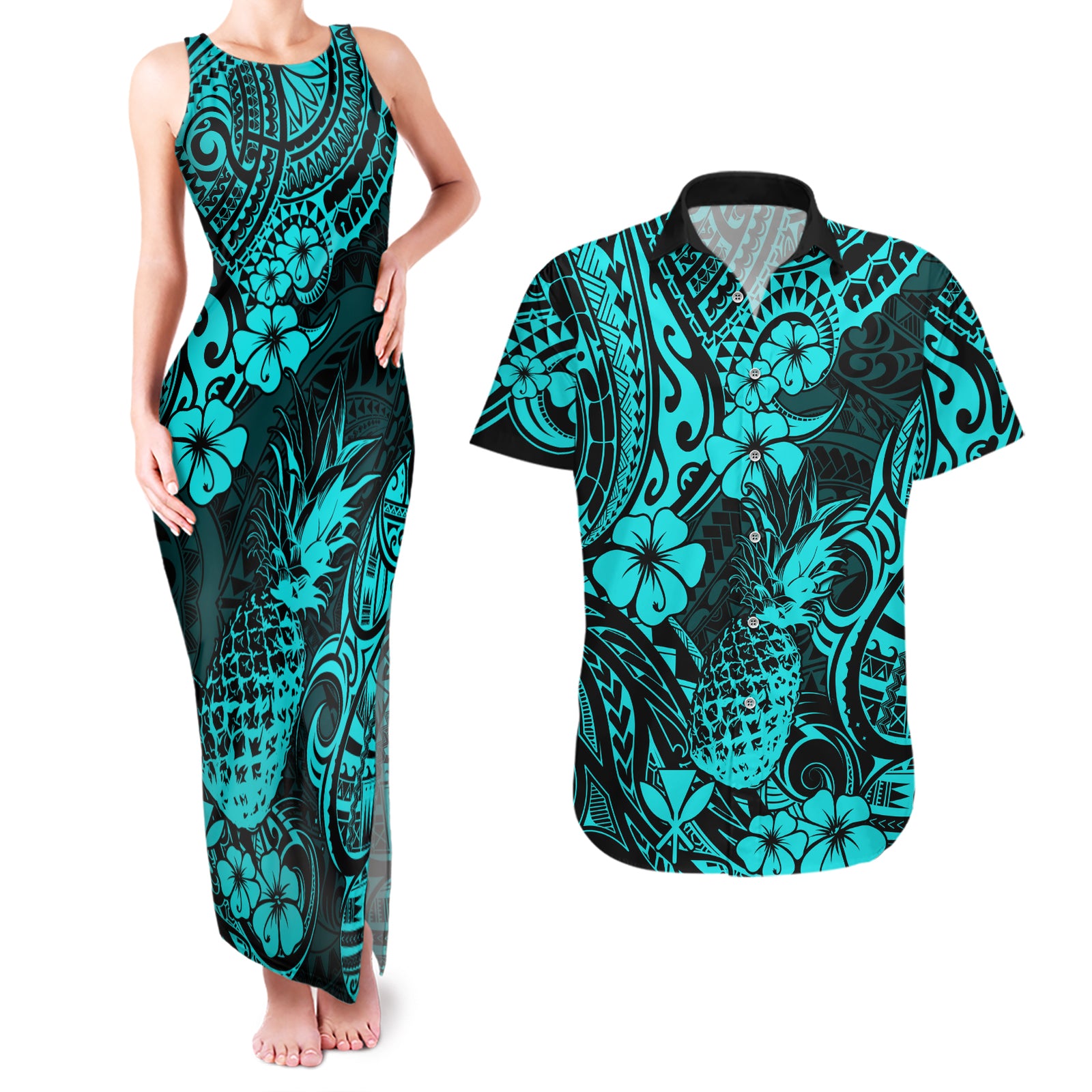 Hawaii Pineapple Couples Matching Tank Maxi Dress and Hawaiian Shirt Polynesian Pattern Turquoise Version LT01 Turquoise - Polynesian Pride