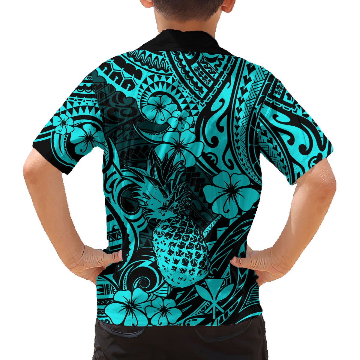 Hawaii Pineapple Family Matching Short Sleeve Bodycon Dress and Hawaiian Shirt Polynesian Pattern Turquoise Version LT01 - Polynesian Pride