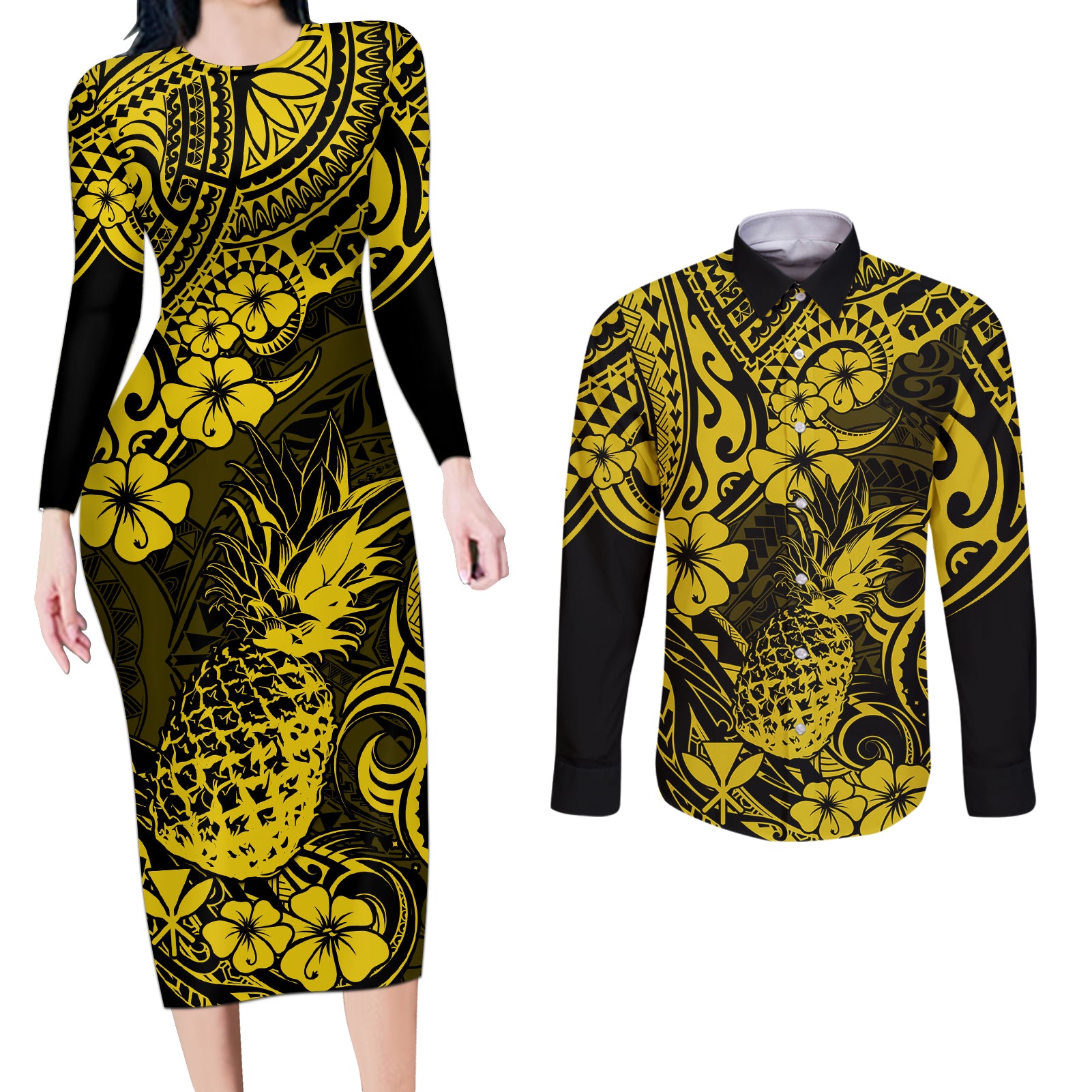 Hawaii Pineapple Couples Matching Long Sleeve Bodycon Dress and Long Sleeve Button Shirts Polynesian Pattern Yellow Version LT01 Yellow - Polynesian Pride