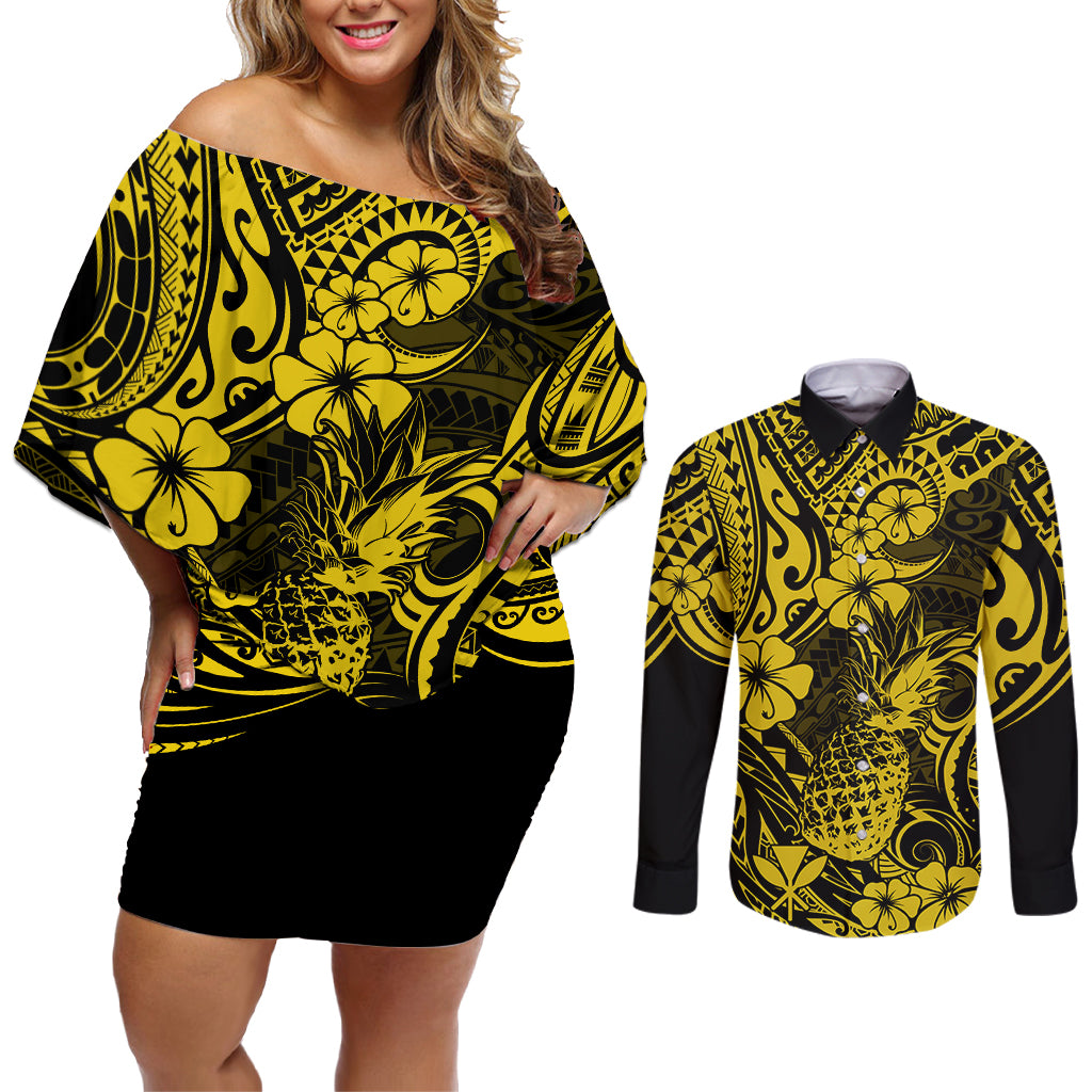 Hawaii Pineapple Couples Matching Off Shoulder Short Dress and Long Sleeve Button Shirts Polynesian Pattern Yellow Version LT01 Yellow - Polynesian Pride