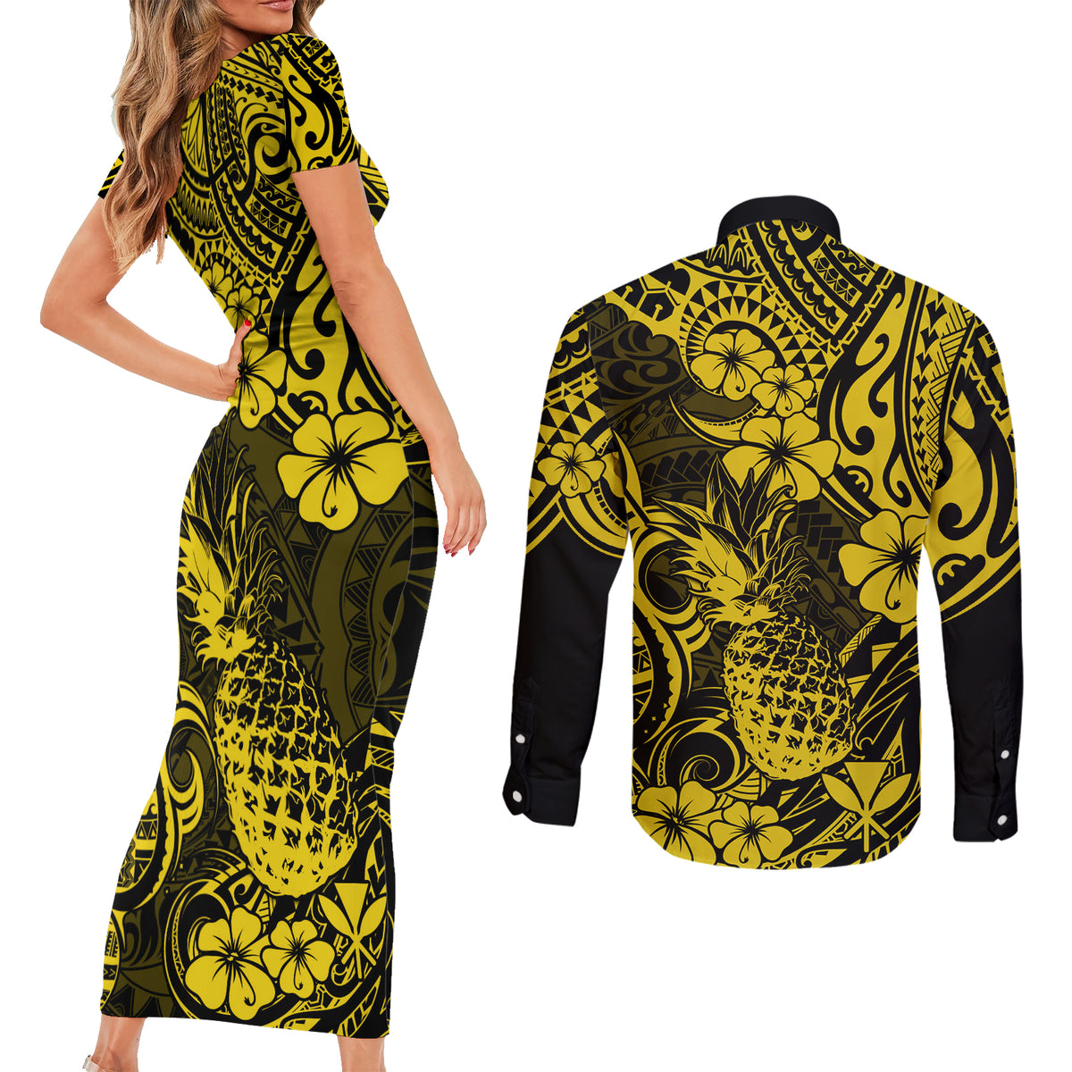 Hawaii Pineapple Couples Matching Short Sleeve Bodycon Dress and Long Sleeve Button Shirts Polynesian Pattern Yellow Version LT01 - Polynesian Pride