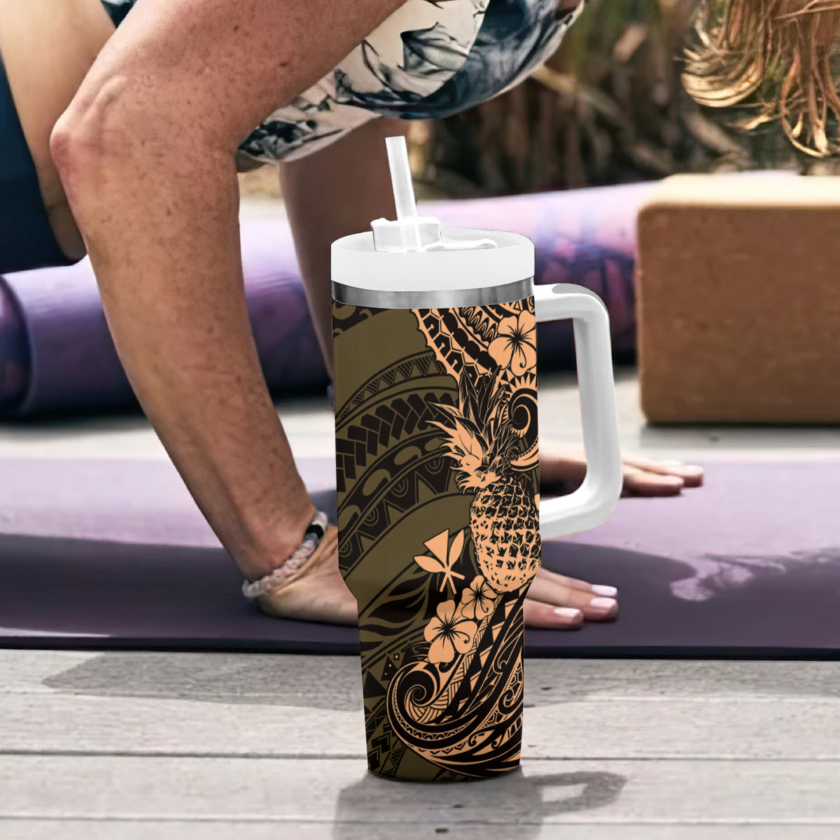 Hawaii Pineapple Tumbler With Handle Polynesian Pattern Yellow Version