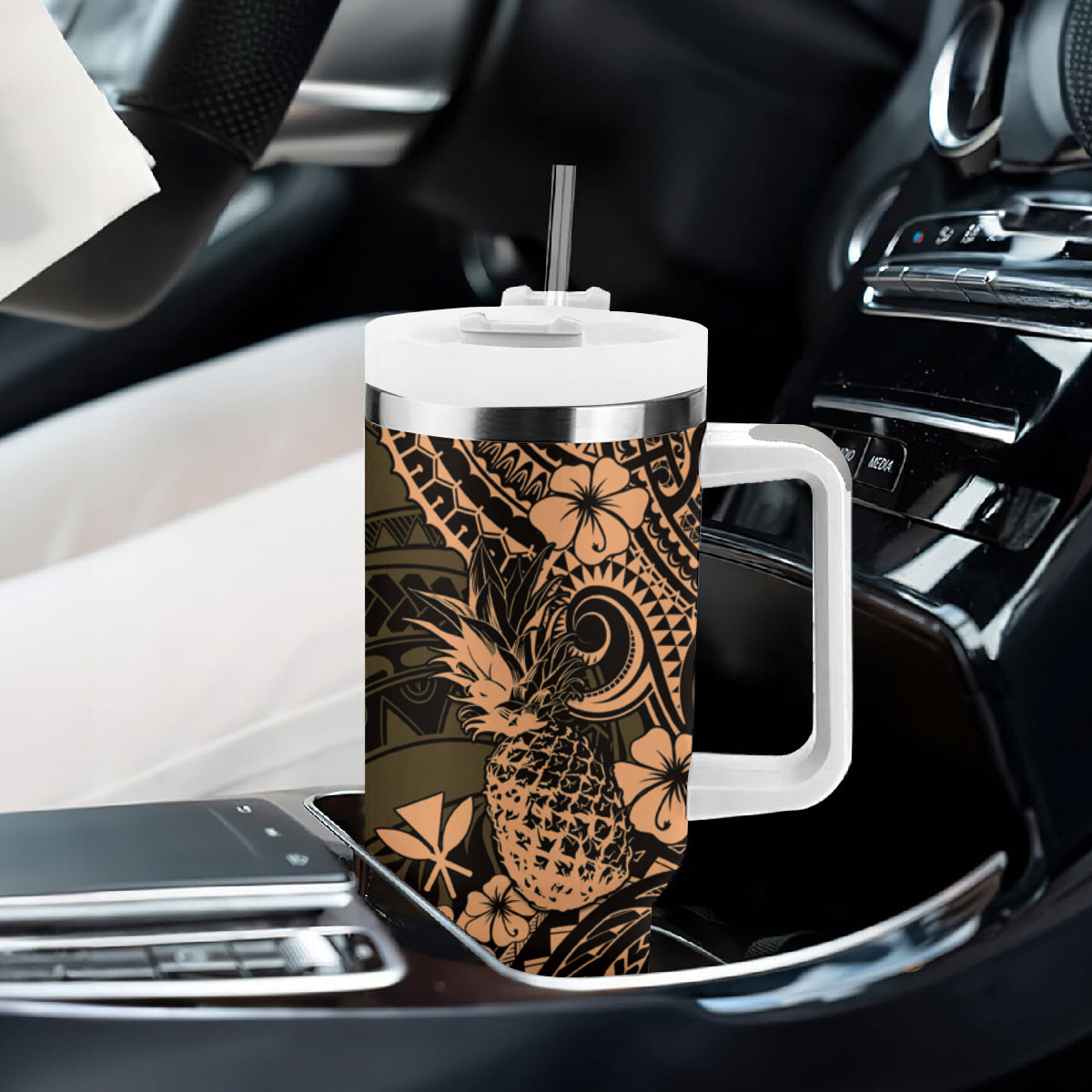 Hawaii Pineapple Tumbler With Handle Polynesian Pattern Yellow Version