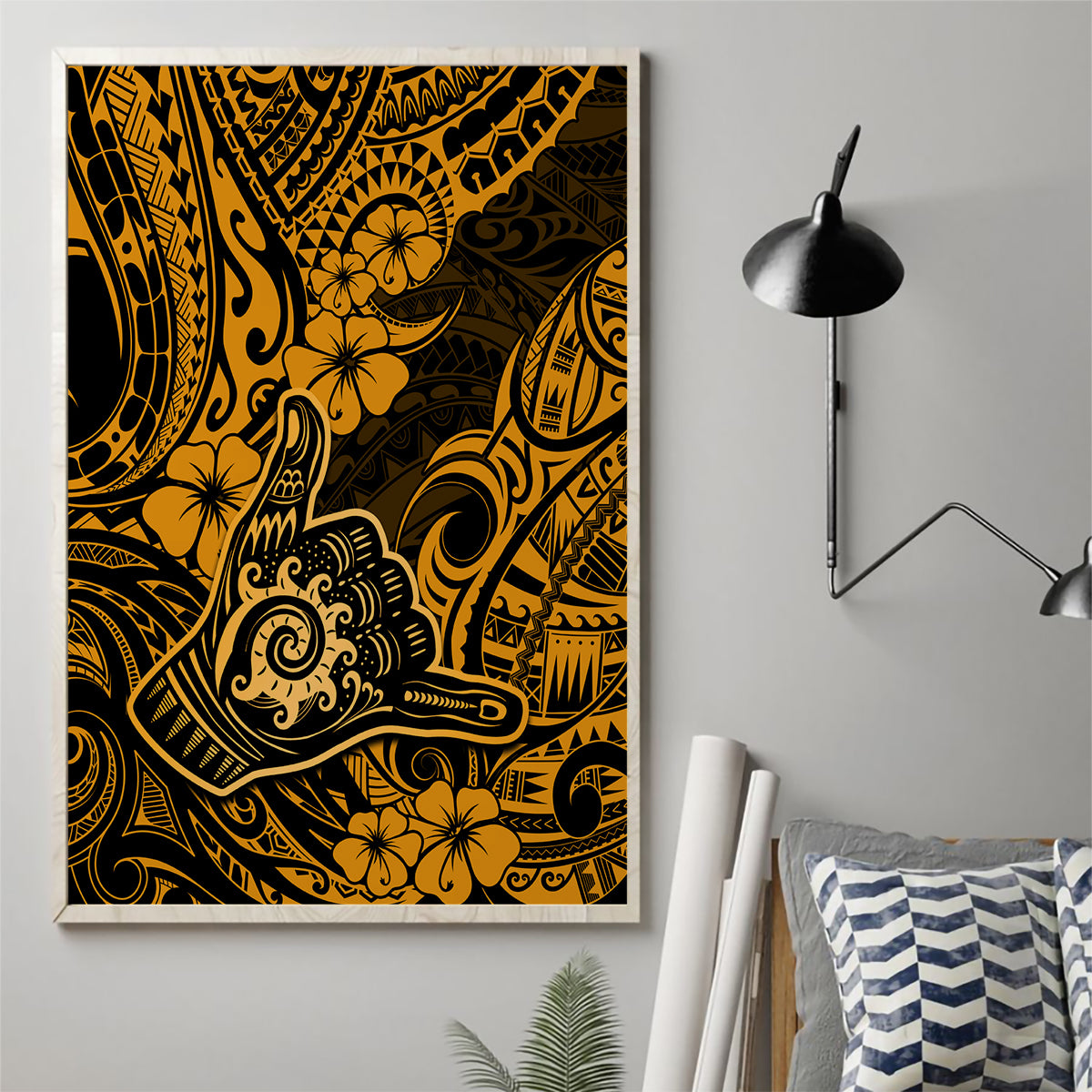 Hawaii Shaka Sign Canvas Wall Art With Polynesian Hibiscus Gold Unique LT01 - Polynesian Pride