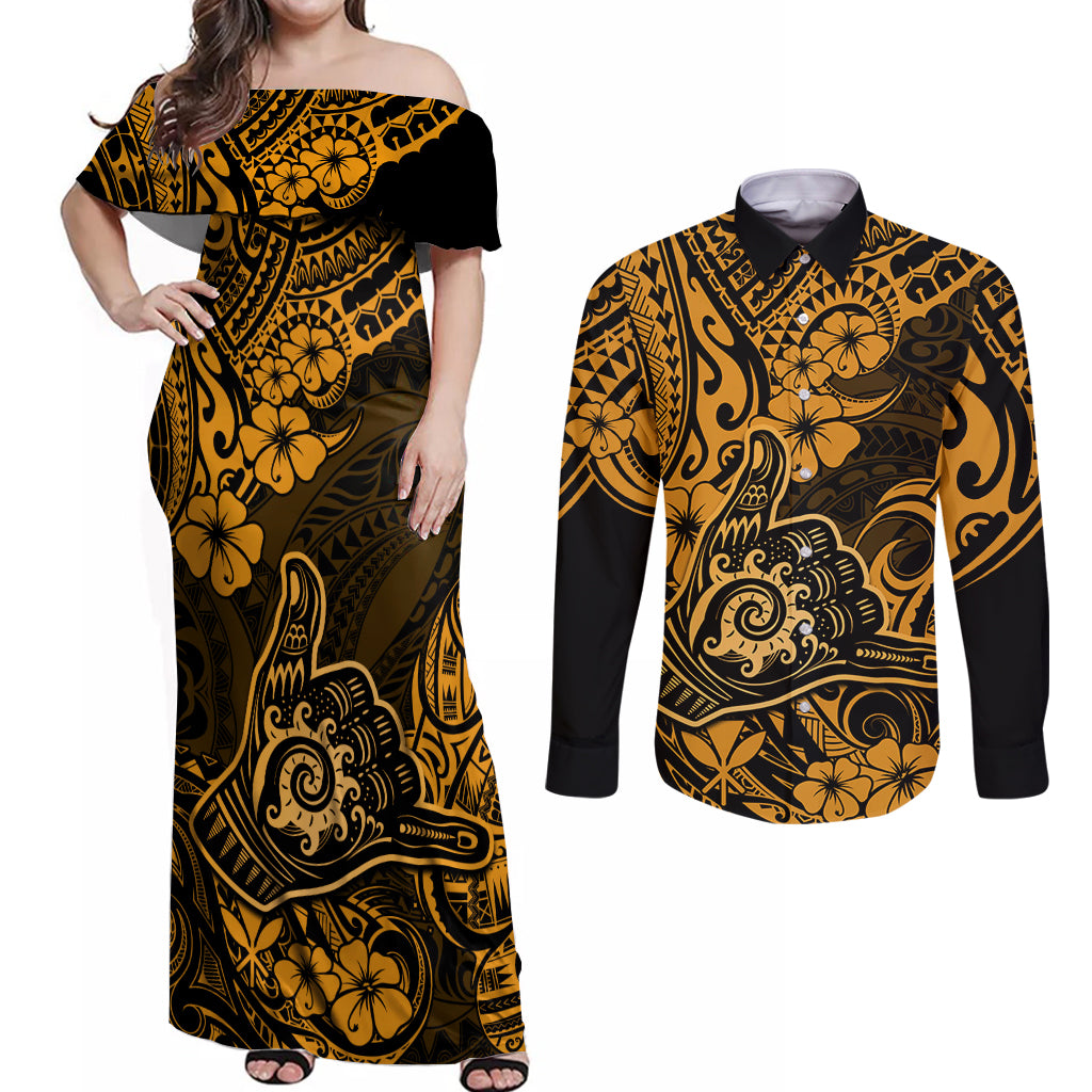Hawaii Shaka Sign Couples Matching Off Shoulder Maxi Dress and Long Sleeve Button Shirts With Polynesian Hibiscus Gold Unique LT01 Gold - Polynesian Pride