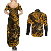 Hawaii Shaka Sign Couples Matching Summer Maxi Dress and Long Sleeve Button Shirts With Polynesian Hibiscus Gold Unique LT01 - Polynesian Pride