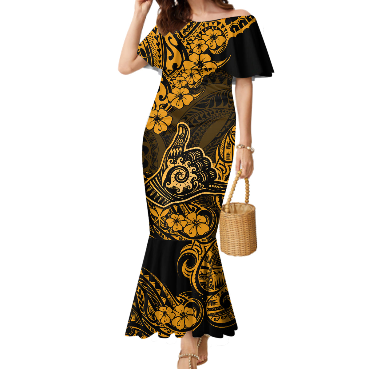 Hawaii Shaka Sign Family Matching Mermaid Dress and Hawaiian Shirt With Polynesian Hibiscus Gold Unique LT01 Mom's Dress Gold - Polynesian Pride