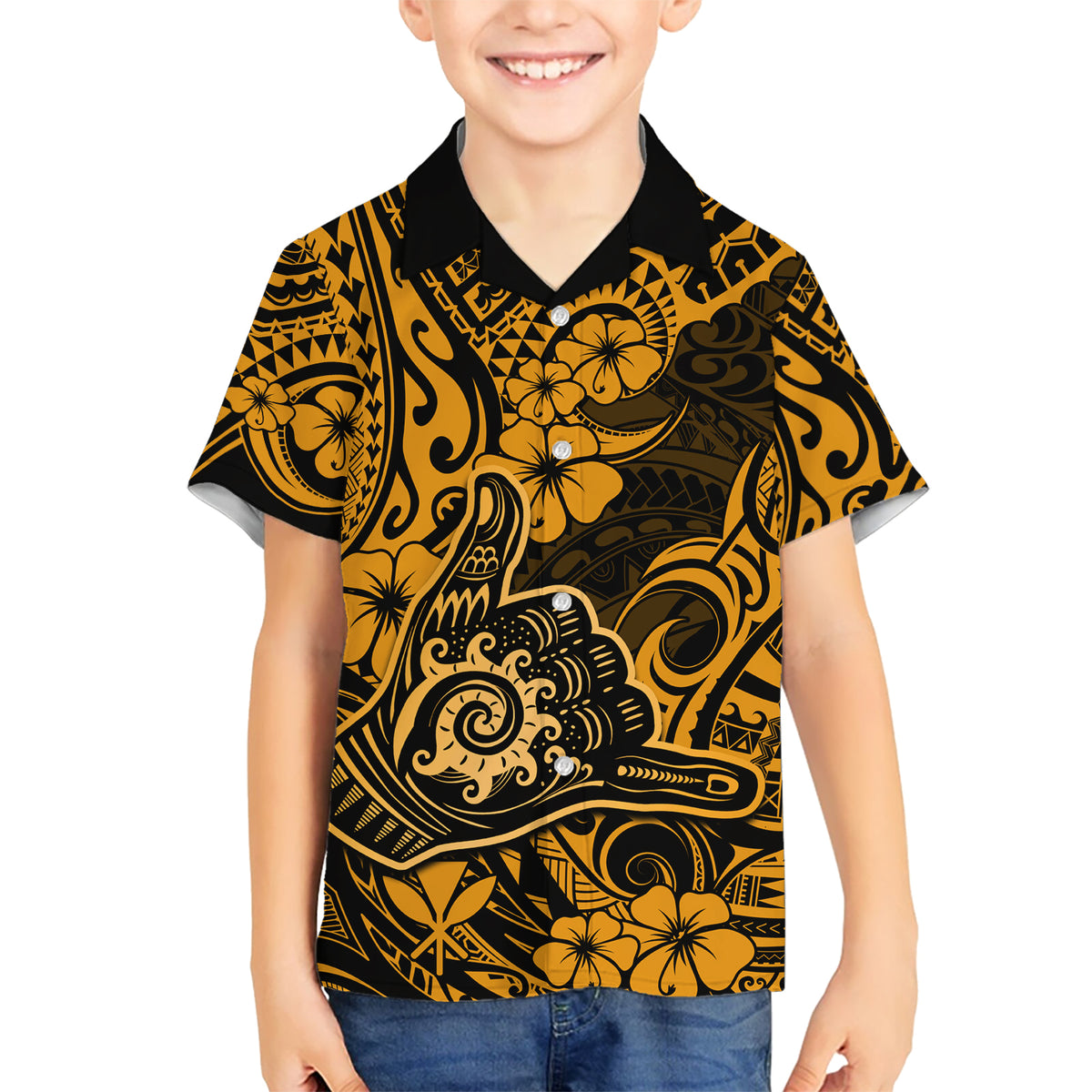 Hawaii Shaka Sign Kid Hawaiian Shirt With Polynesian Hibiscus Gold Unique LT01 Kid Gold - Polynesian Pride