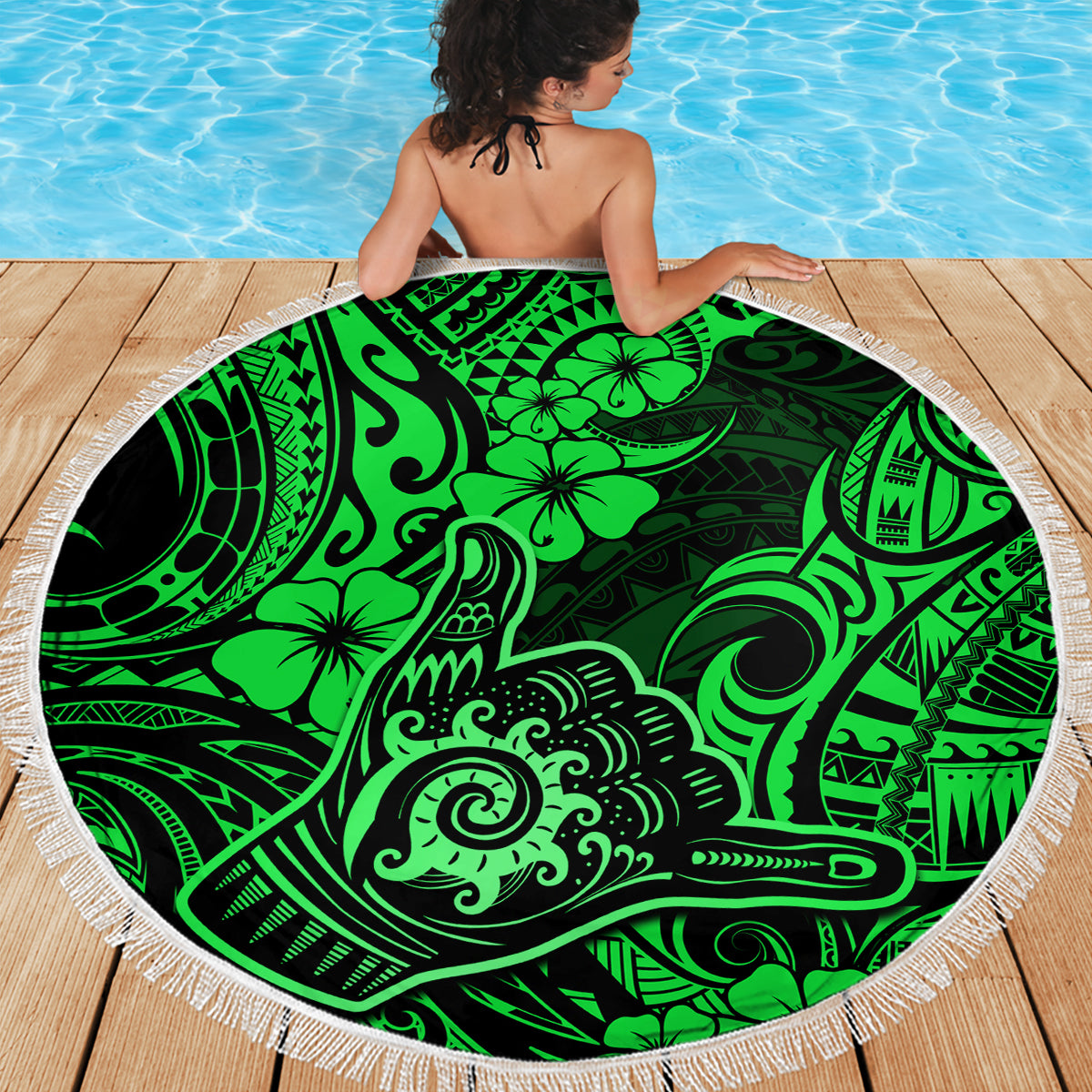 Hawaii Shaka Sign Beach Blanket With Polynesian Hibiscus Green Unique LT01 - Wonder Print Shop