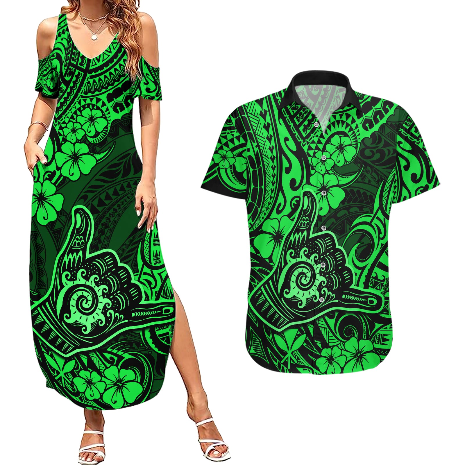 Hawaii Shaka Sign Couples Matching Summer Maxi Dress and Hawaiian Shirt With Polynesian Hibiscus Green Unique LT01 Green - Polynesian Pride