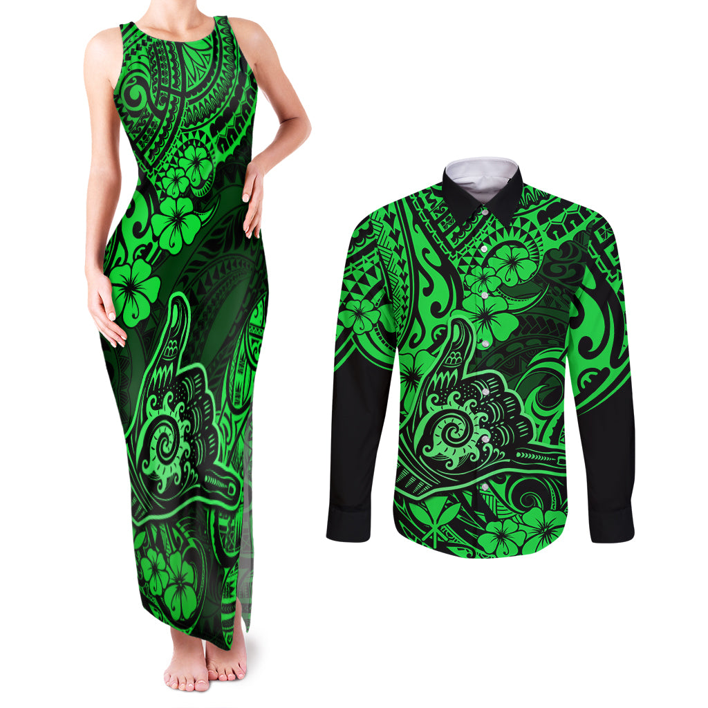 Hawaii Shaka Sign Couples Matching Tank Maxi Dress and Long Sleeve Button Shirts With Polynesian Hibiscus Green Unique LT01 Green - Polynesian Pride