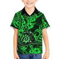 Hawaii Shaka Sign Family Matching Off Shoulder Maxi Dress and Hawaiian Shirt With Polynesian Hibiscus Green Unique LT01 Son's Shirt Green - Polynesian Pride