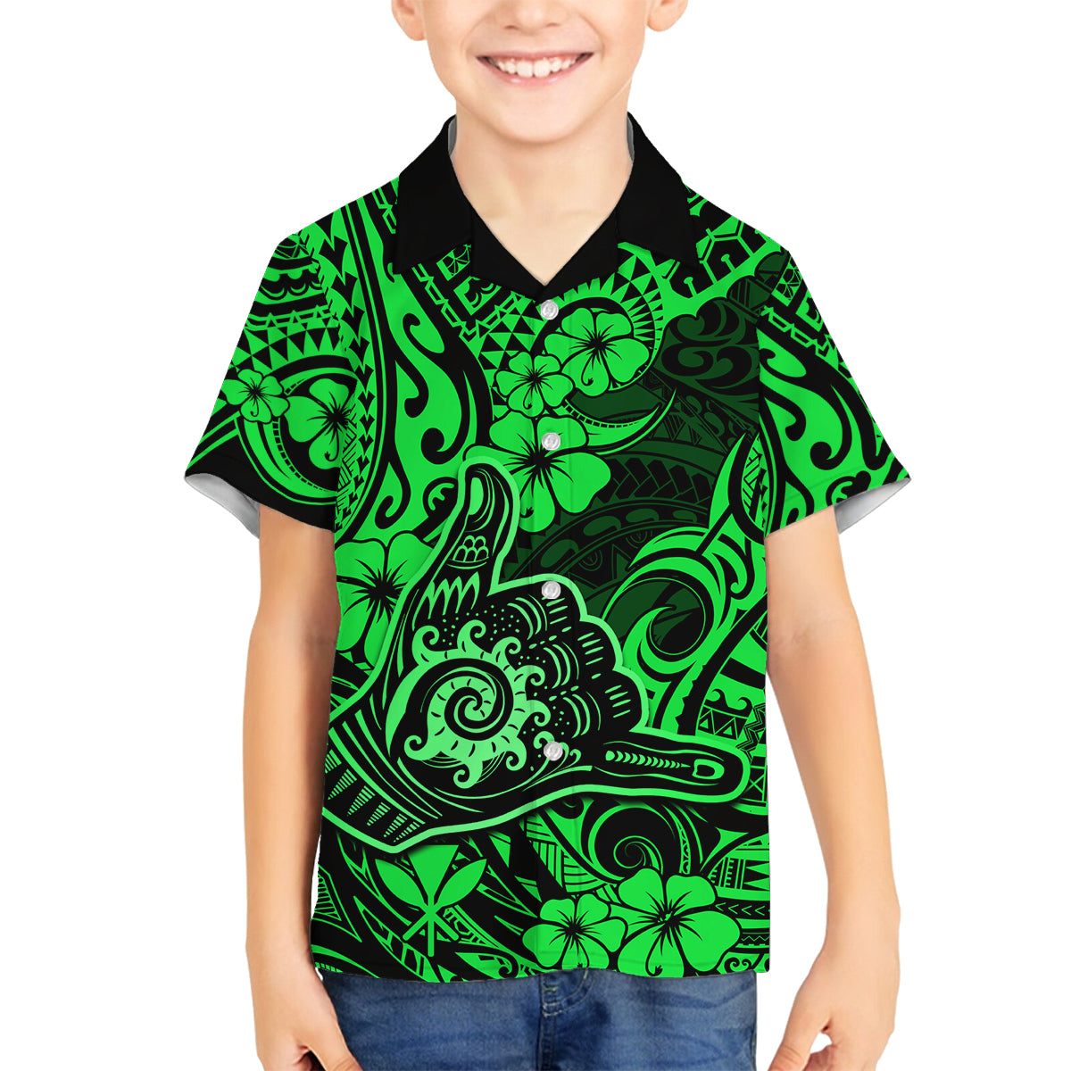 Hawaii Shaka Sign Family Matching Puletasi Dress and Hawaiian Shirt With Polynesian Hibiscus Green Unique LT01 Son's Shirt Green - Polynesian Pride