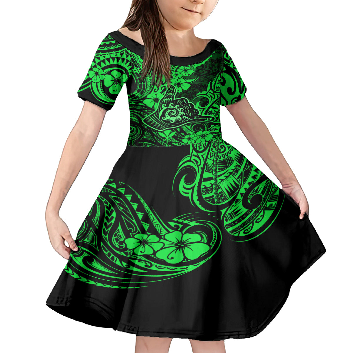 Hawaii Shaka Sign Kid Short Sleeve Dress With Polynesian Hibiscus Green Unique LT01 KID Green - Polynesian Pride
