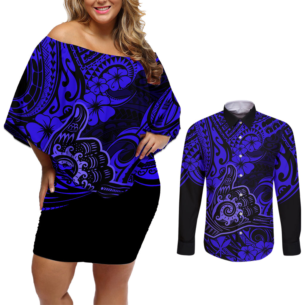 Hawaii Shaka Sign Couples Matching Off Shoulder Short Dress and Long Sleeve Button Shirts With Polynesian Hibiscus Navy Blue Unique LT01 Blue - Polynesian Pride