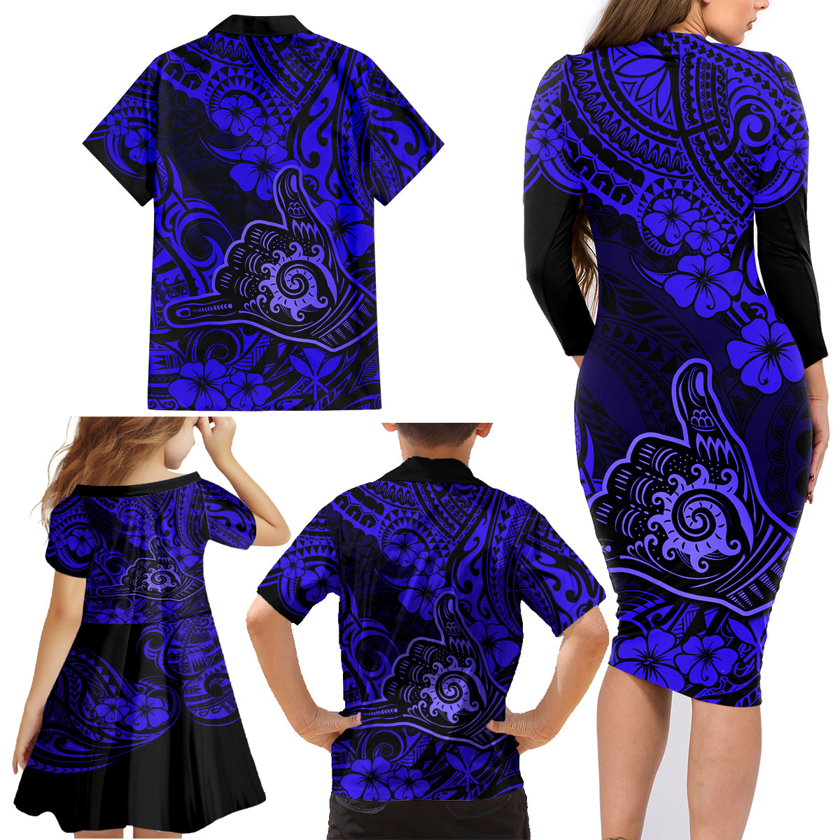 Hawaii Shaka Sign Family Matching Long Sleeve Bodycon Dress and Hawaiian Shirt With Polynesian Hibiscus Navy Blue Unique LT01 - Polynesian Pride