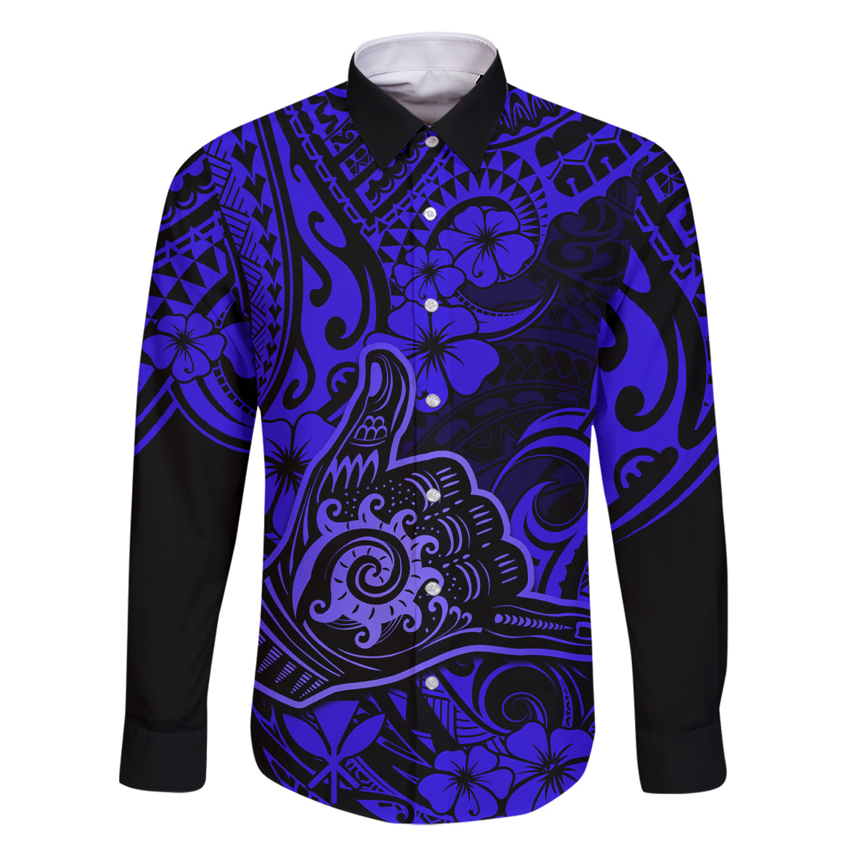 Hawaii Shaka Sign Family Matching Mermaid Dress and Hawaiian Shirt With Polynesian Hibiscus Navy Blue Unique LT01 Dad's Shirt - Long Sleeve Blue - Polynesian Pride
