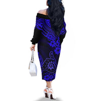 Hawaii Shaka Sign Family Matching Off Shoulder Long Sleeve Dress and Hawaiian Shirt With Polynesian Hibiscus Navy Blue Unique LT01 - Polynesian Pride