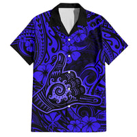 Hawaii Shaka Sign Family Matching Puletasi Dress and Hawaiian Shirt With Polynesian Hibiscus Navy Blue Unique LT01 Dad's Shirt - Short Sleeve Blue - Polynesian Pride