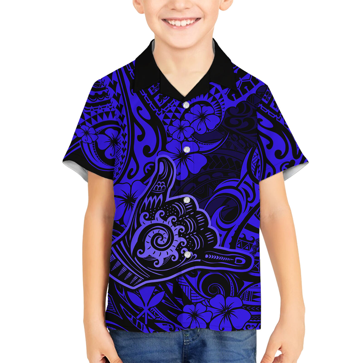 Hawaii Shaka Sign Family Matching Puletasi Dress and Hawaiian Shirt With Polynesian Hibiscus Navy Blue Unique LT01 Son's Shirt Blue - Polynesian Pride