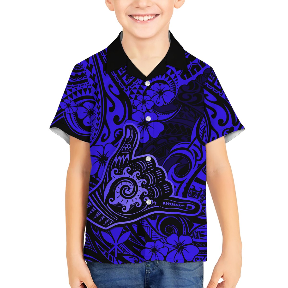 Hawaii Shaka Sign Hawaiian Shirt With Polynesian Hibiscus Navy Blue Unique LT01 - Polynesian Pride