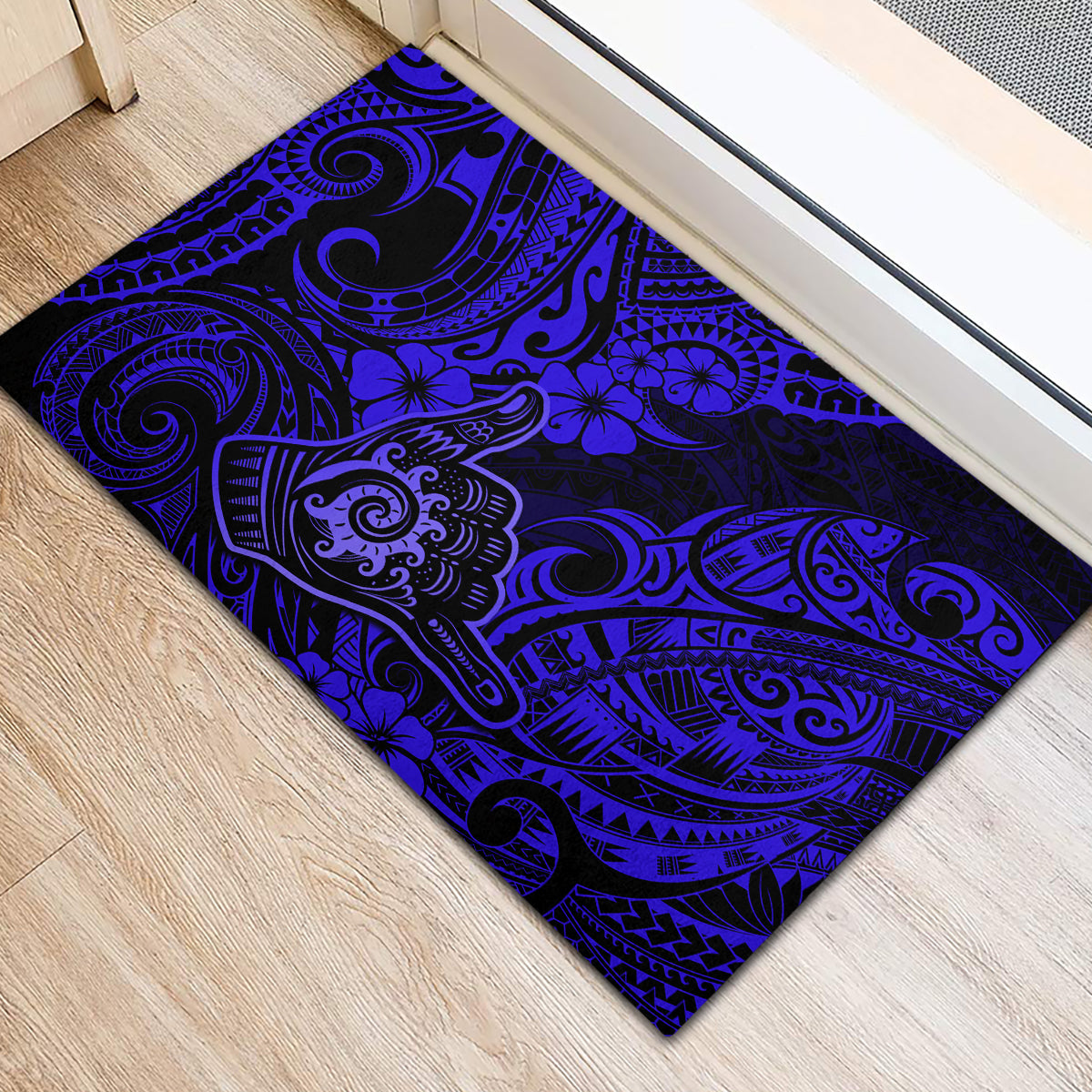 Hawaii Shaka Sign Rubber Doormat With Polynesian Hibiscus Navy Blue Unique LT01 - Polynesian Pride
