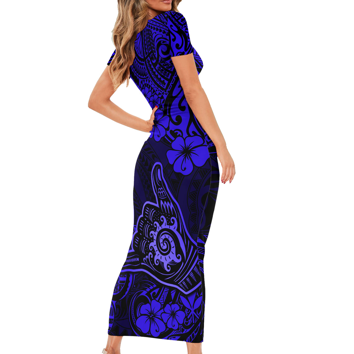 Hawaii Shaka Sign Short Sleeve Bodycon Dress With Polynesian Hibiscus Navy Blue Unique LT01 - Polynesian Pride