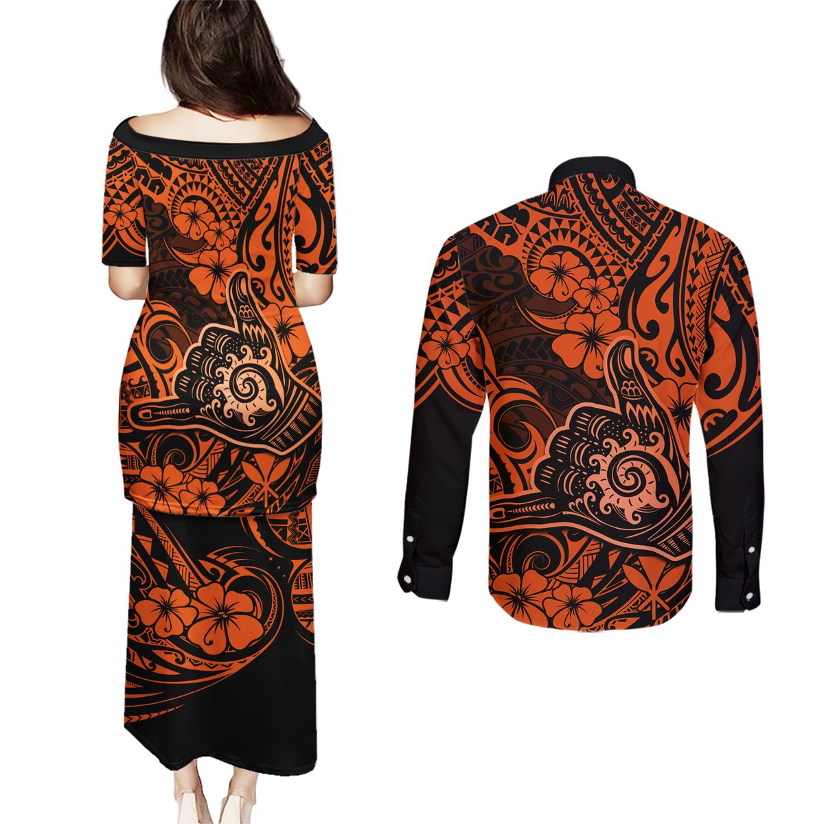 Hawaii Shaka Sign Couples Matching Puletasi Dress and Long Sleeve Button Shirts With Polynesian Hibiscus Orange Unique LT01 - Polynesian Pride