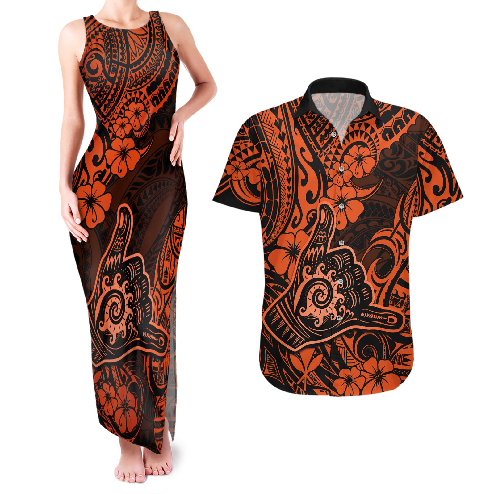 Hawaii Shaka Sign Couples Matching Tank Maxi Dress and Hawaiian Shirt With Polynesian Hibiscus Orange Unique LT01 Orange - Polynesian Pride