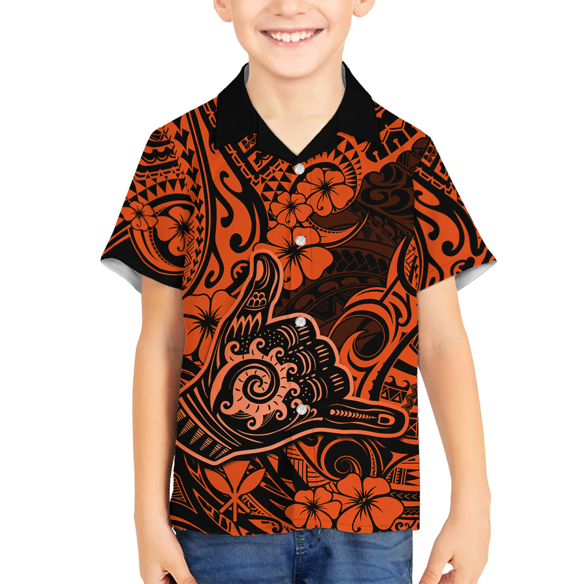 Hawaii Shaka Sign Family Matching Off Shoulder Long Sleeve Dress and Hawaiian Shirt With Polynesian Hibiscus Orange Unique LT01 Son's Shirt Orange - Polynesian Pride