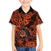 Hawaii Shaka Sign Family Matching Off Shoulder Short Dress and Hawaiian Shirt With Polynesian Hibiscus Orange Unique LT01 Son's Shirt Orange - Polynesian Pride
