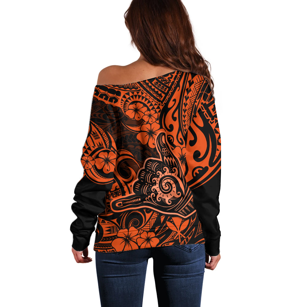 Hawaii Shaka Sign Off Shoulder Sweater With Polynesian Hibiscus Orange Unique LT01 - Polynesian Pride
