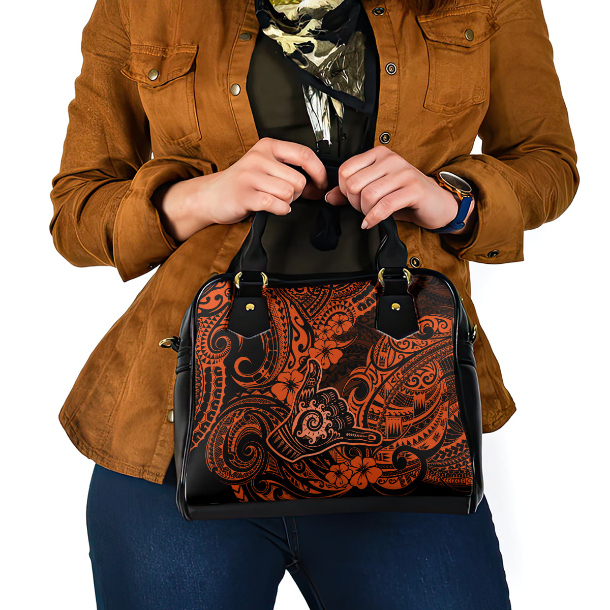 Hawaii Shaka Sign Shoulder Handbag With Polynesian Hibiscus Orange Unique LT01 - Polynesian Pride