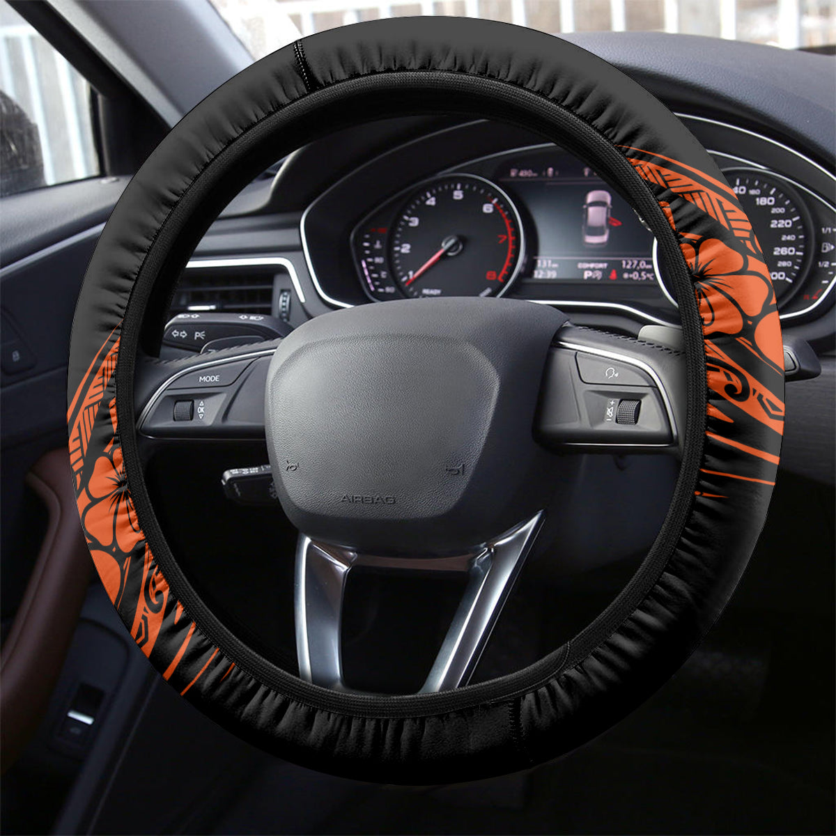 Hawaii Shaka Sign Steering Wheel Cover With Polynesian Hibiscus Orange Unique