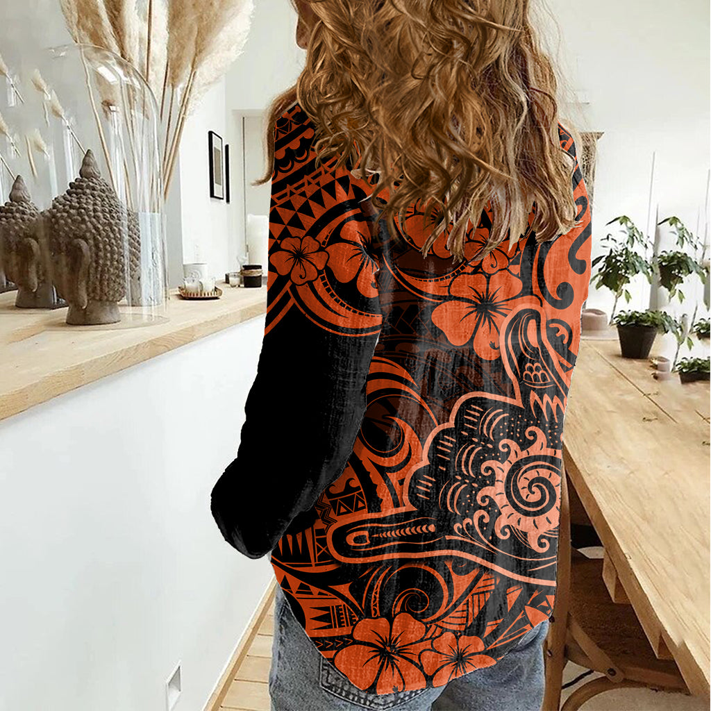 Hawaii Shaka Sign Women Casual Shirt With Polynesian Hibiscus Orange Unique LT01 - Polynesian Pride