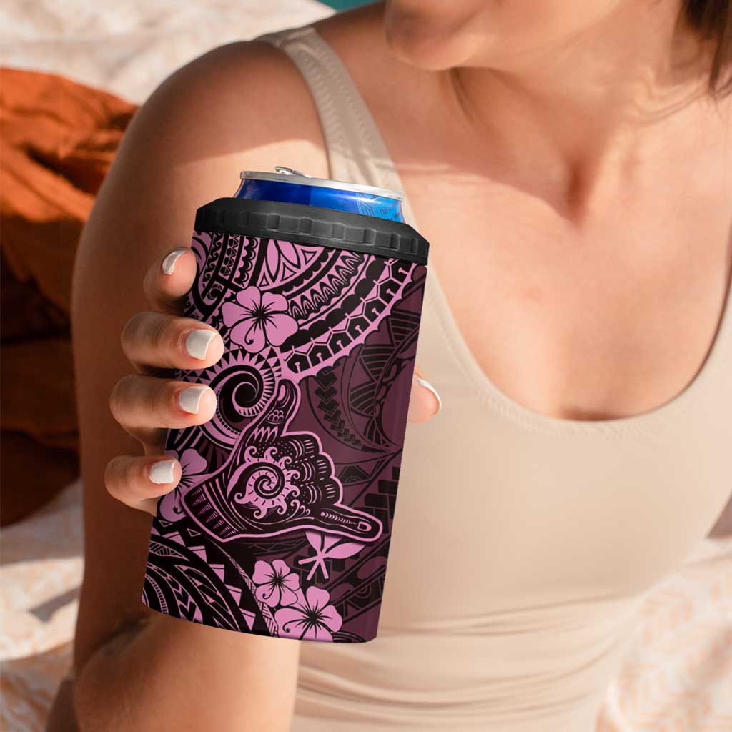 Hawaii Shaka Sign 4 in 1 Can Cooler Tumbler With Polynesian Hibiscus Pink Unique