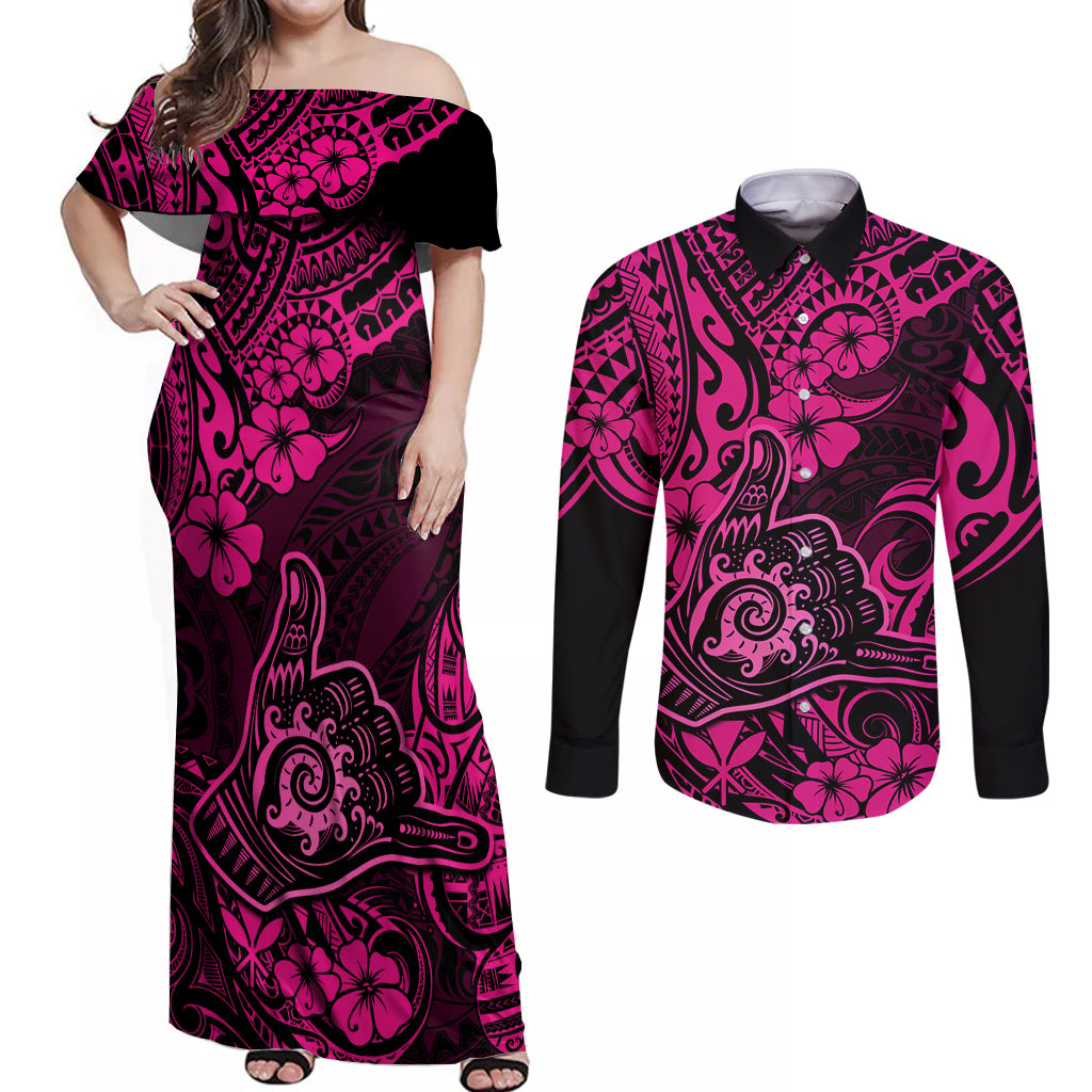 Hawaii Shaka Sign Couples Matching Off Shoulder Maxi Dress and Long Sleeve Button Shirts With Polynesian Hibiscus Pink Unique LT01 Pink - Polynesian Pride