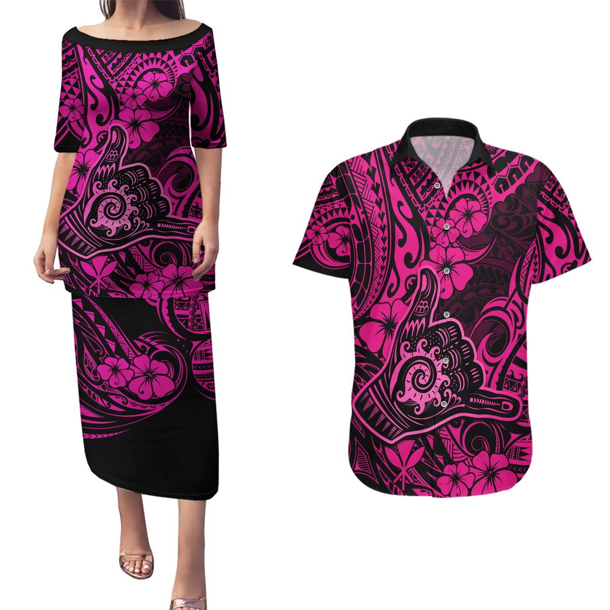 Hawaii Shaka Sign Couples Matching Puletasi Dress and Hawaiian Shirt With Polynesian Hibiscus Pink Unique LT01 Pink - Polynesian Pride