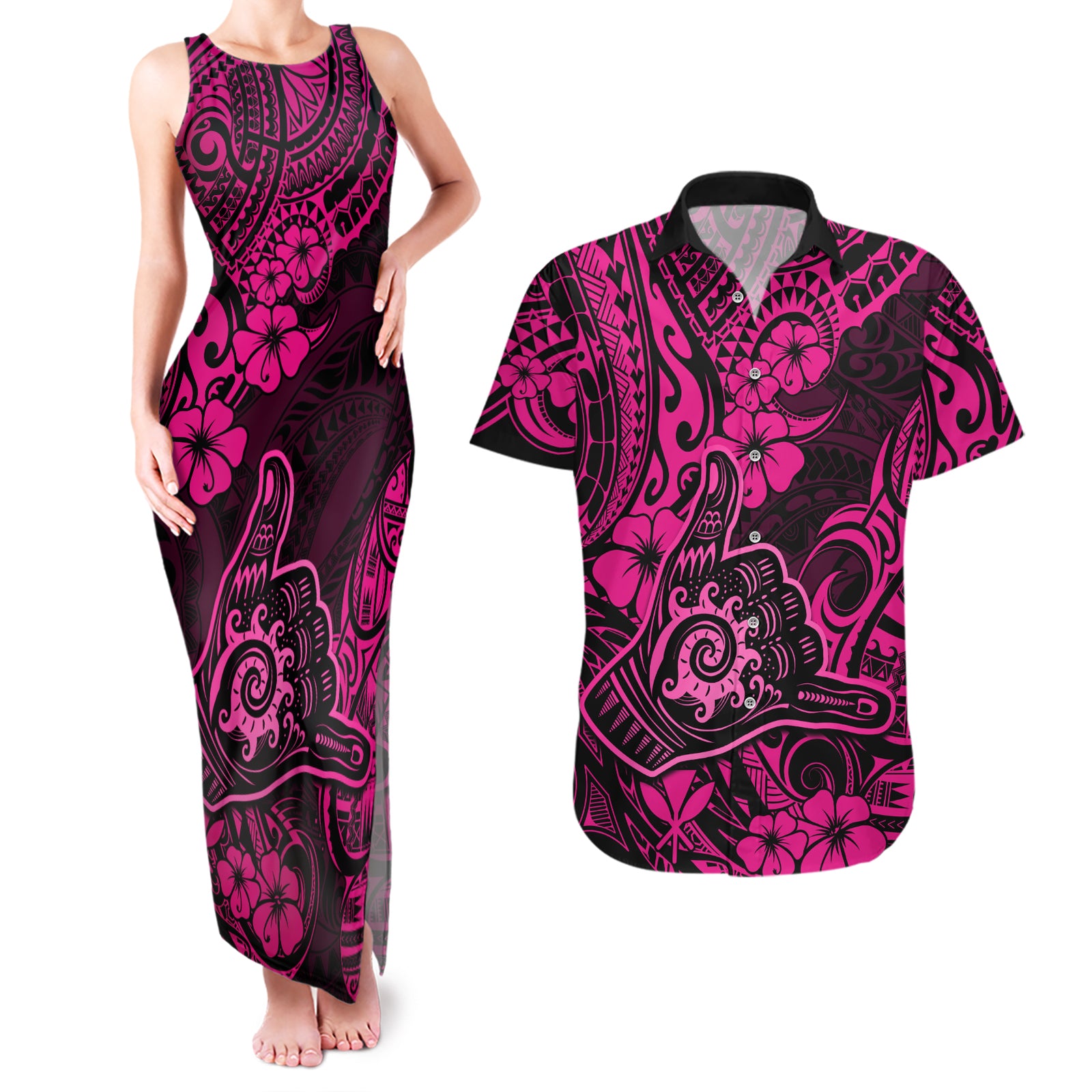 Hawaii Shaka Sign Couples Matching Tank Maxi Dress and Hawaiian Shirt With Polynesian Hibiscus Pink Unique LT01 Pink - Polynesian Pride