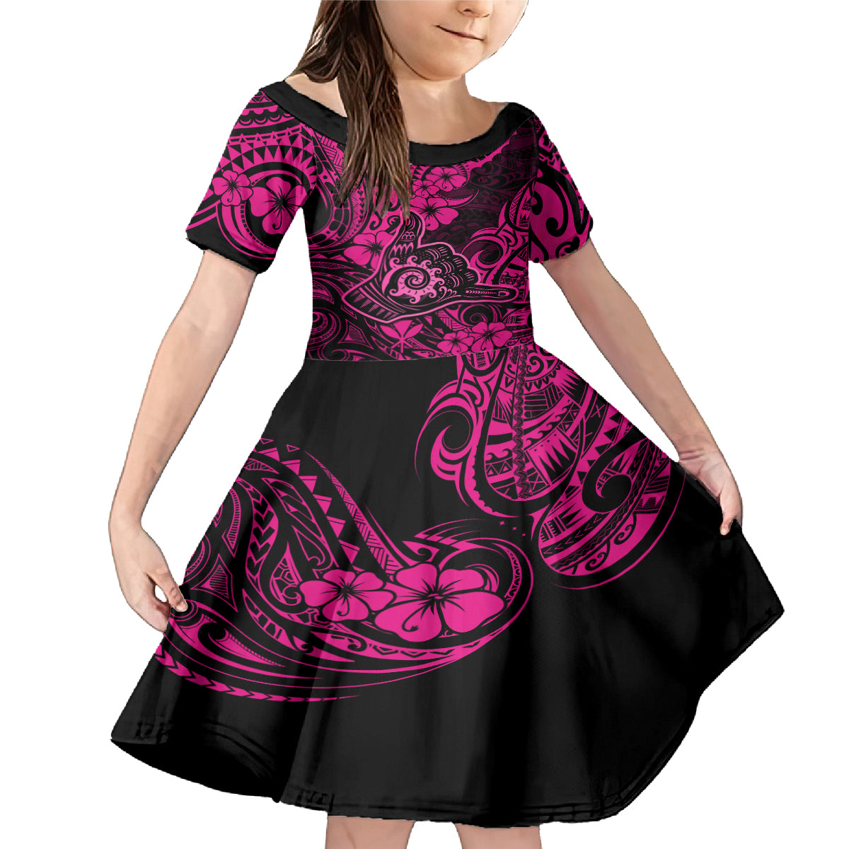 Hawaii Shaka Sign Family Matching Mermaid Dress and Hawaiian Shirt With Polynesian Hibiscus Pink Unique LT01 Daughter's Dress Pink - Polynesian Pride