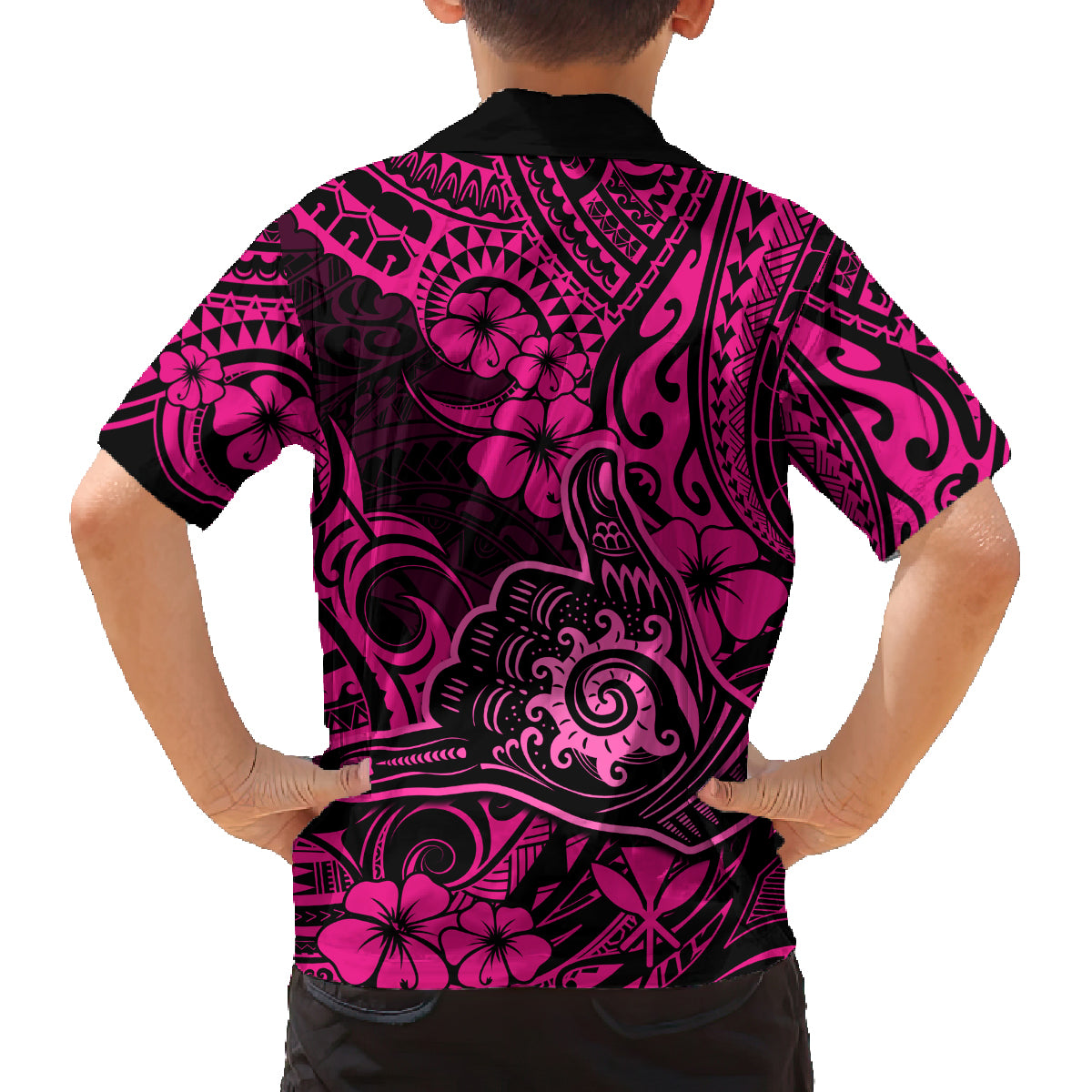 Hawaii Shaka Sign Family Matching Off Shoulder Long Sleeve Dress and Hawaiian Shirt With Polynesian Hibiscus Pink Unique LT01 - Polynesian Pride