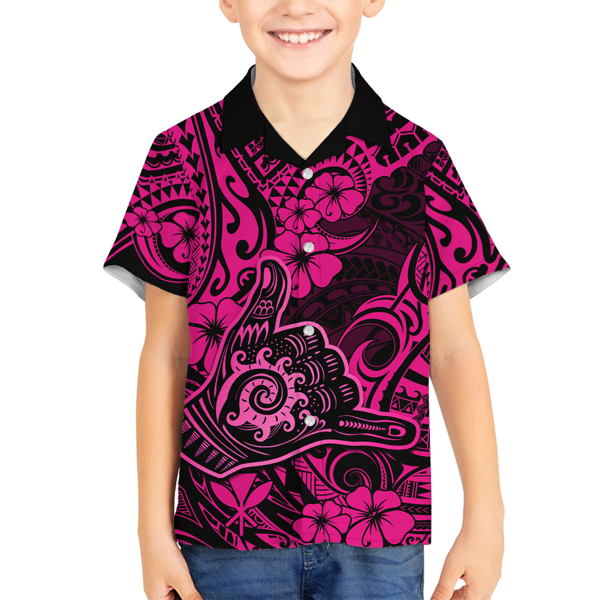 Hawaii Shaka Sign Family Matching Off Shoulder Maxi Dress and Hawaiian Shirt With Polynesian Hibiscus Pink Unique LT01 Son's Shirt Pink - Polynesian Pride
