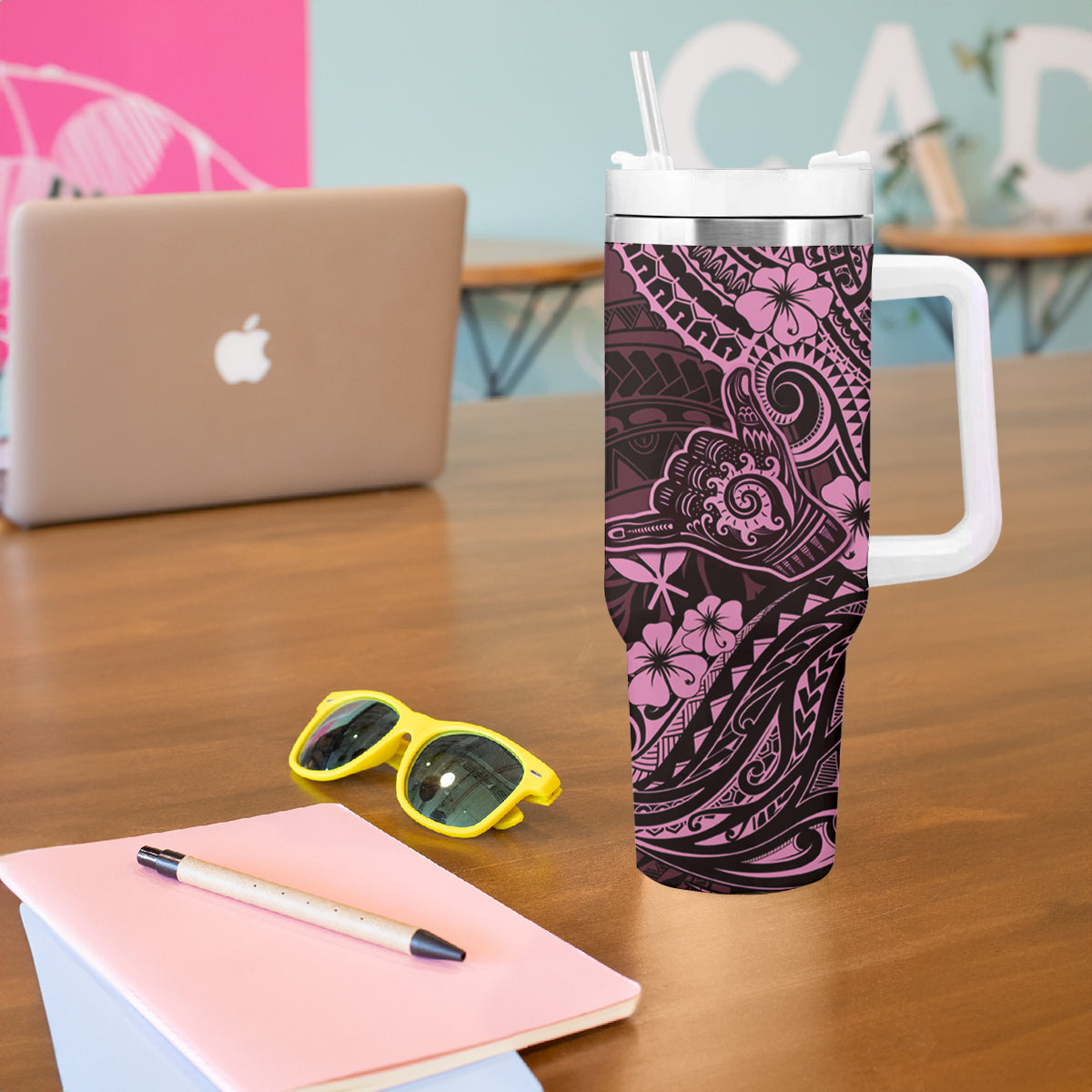 Hawaii Shaka Sign Tumbler With Handle With Polynesian Hibiscus Pink Unique