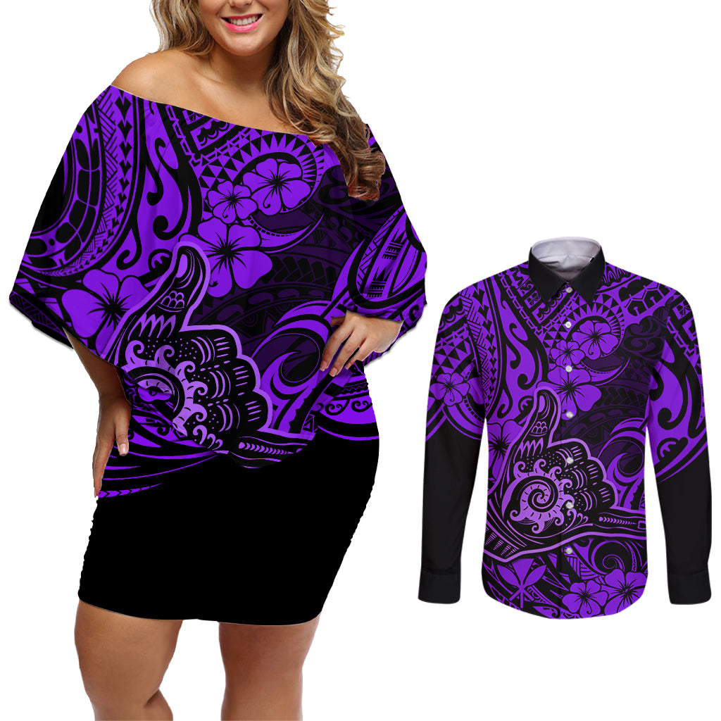 Hawaii Shaka Sign Couples Matching Off Shoulder Short Dress and Long Sleeve Button Shirts Polynesian Pattern Purple Version LT01 Purple - Polynesian Pride