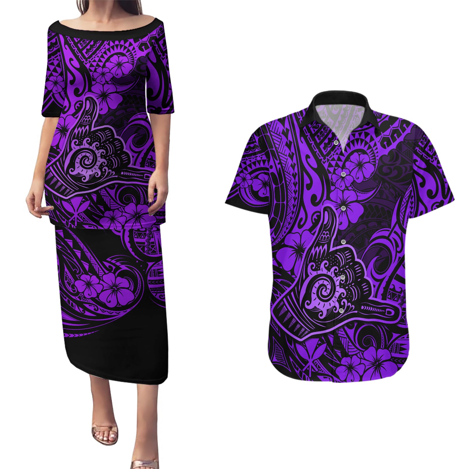 Hawaii Shaka Sign Couples Matching Puletasi Dress and Hawaiian Shirt Polynesian Pattern Purple Version LT01 Purple - Polynesian Pride