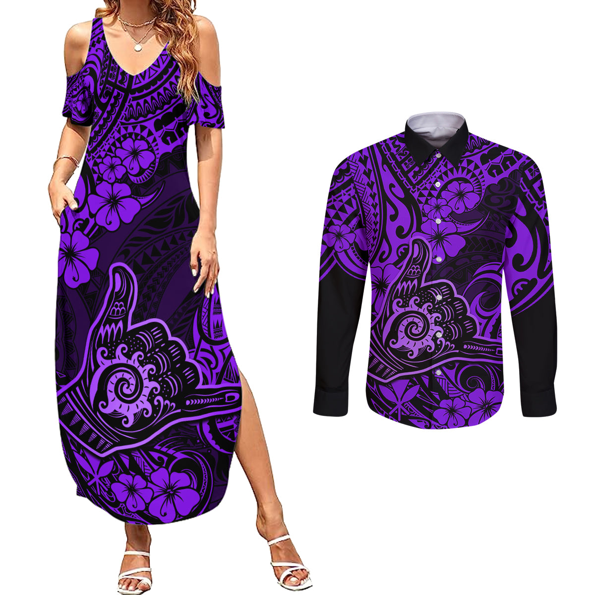 Hawaii Shaka Sign Couples Matching Summer Maxi Dress and Long Sleeve Button Shirts Polynesian Pattern Purple Version LT01 Purple - Polynesian Pride