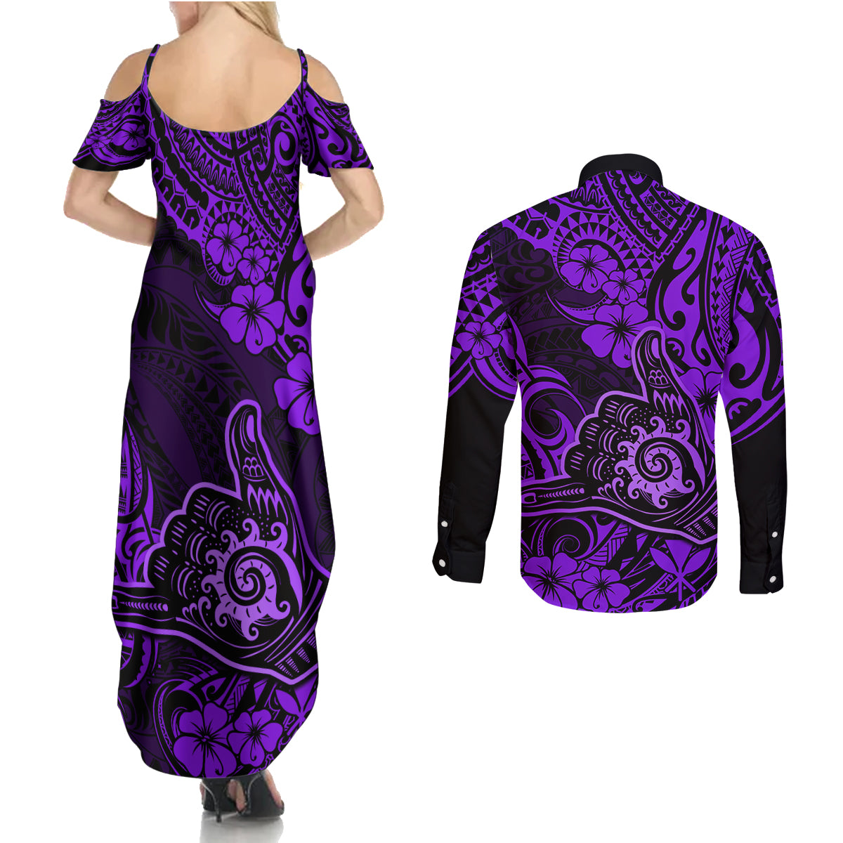 Hawaii Shaka Sign Couples Matching Summer Maxi Dress and Long Sleeve Button Shirts Polynesian Pattern Purple Version LT01 - Polynesian Pride